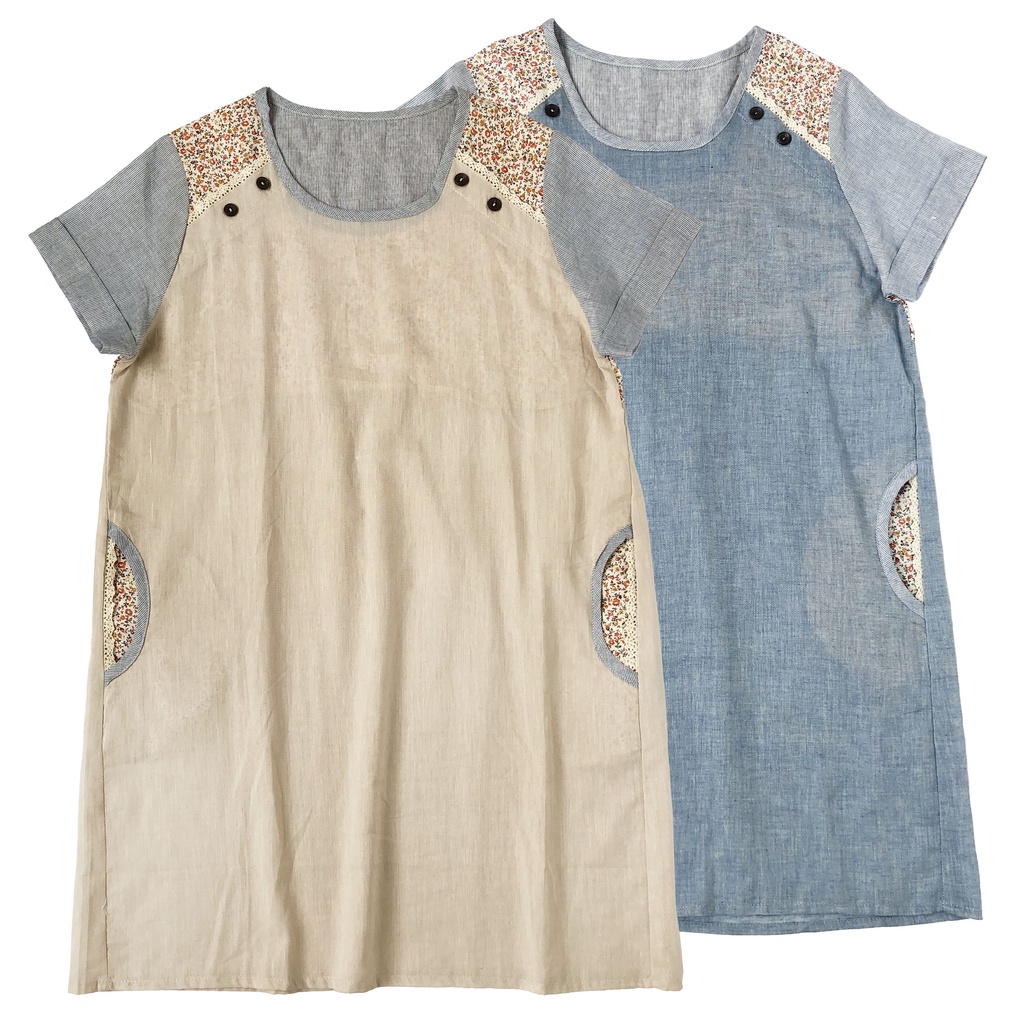 DRESS KATUN MIDI KREM BIRU MUDA PATCHWORK BUNGA SALUR KOREA IMPORT