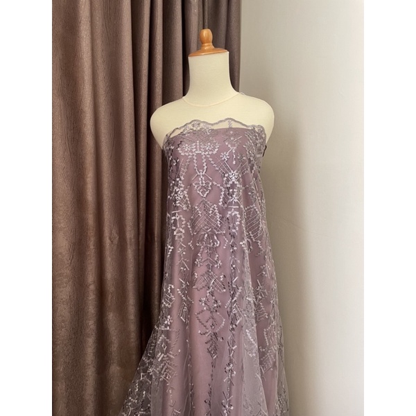Kain Bahan Kebaya Tile Premium Etnik Bordir Aphrodite Series 3 Warna Ungu Taro