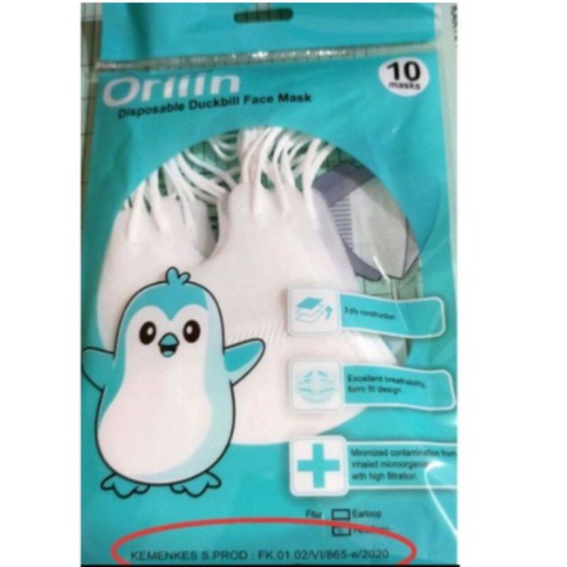 [ ORLIIN ]  DUCKBILL ORLIIN SACHET ISI 10 / MASKER DUCKBILL EARLOOP