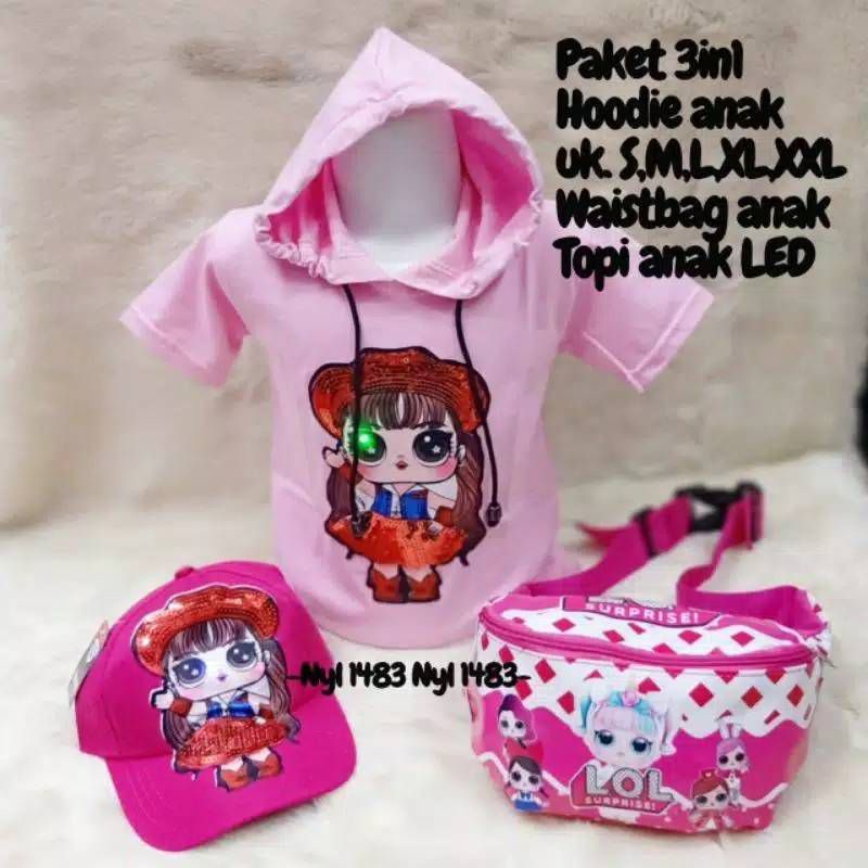 [BISA COD] PAKET 3IN1 Kaos Hoodie Anak perempuan LED LOL / BONUS TOPI LED &amp; TAS Waistbag