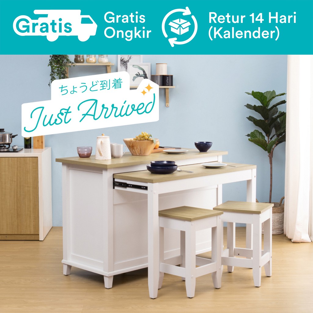 Dekoruma Kanou Meja Makan Kayu Minimalis Extendable atau Meja Dapur dengan 2 Stool | Dining Table