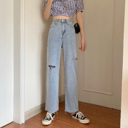 korean style new straight fit vintage kekinian boyfriend celana robek jeans panjang wanita