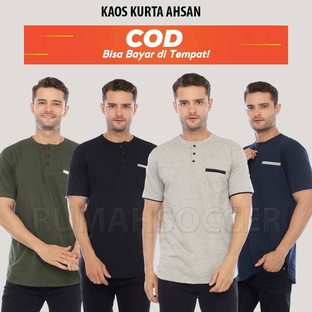 Baju Koko Lengan Pendek AHSAN Kurta Pria Bahan Kaos Adem Tebal Fashion Muslim Pria Original Bandung