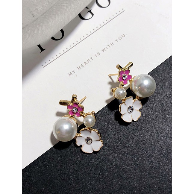 LRC Anting Tusuk Fashion White+pink Flower Shape Decorated Earrings