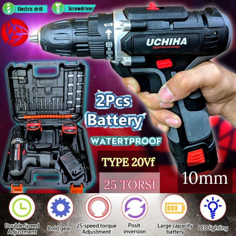 bor cordless baterai 20 volt tembok besi kayu 25 torsi bolak balik merk uchiha Japan promo gila