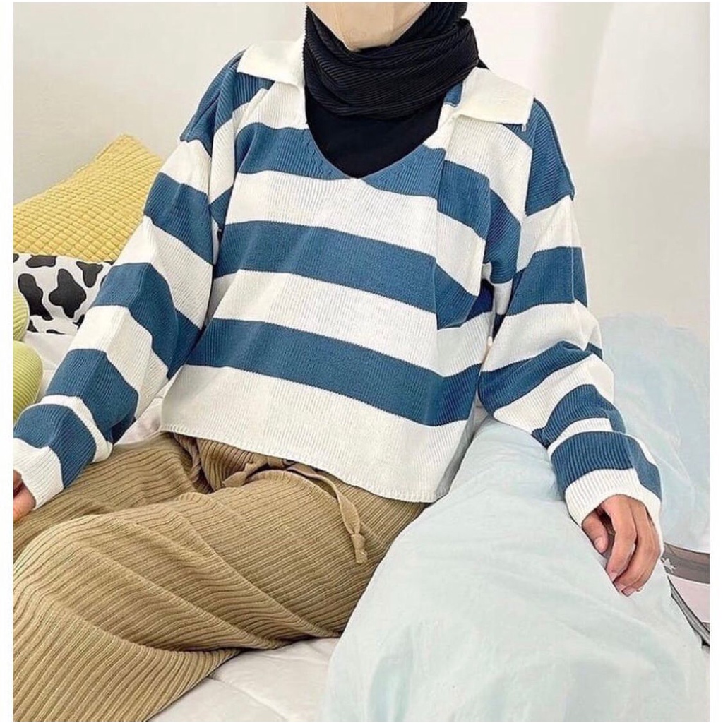 Hyerin Polo Stripes Sweater - Top Crop Bahan Rajut Knit - Atasan Rajut Wanita (011)