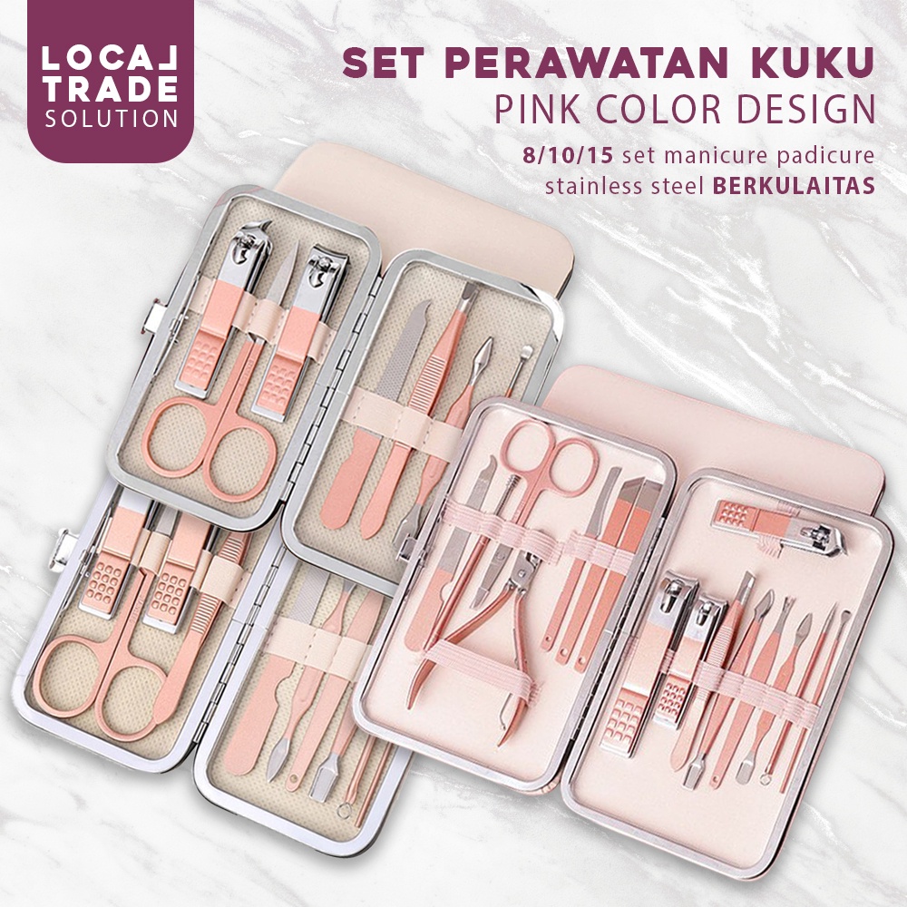 Alat Perawatan Set Gunting Kuku Kaki Tangan dan Kulit 15 Pcs Pink Collour Menicure Pedicure Facial Treatmentent/ Alat Potong Kuku