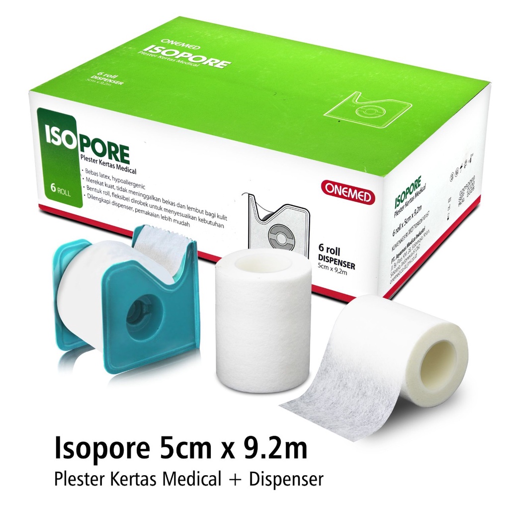 Isopore 5cm x 9,2m + Dispenser Onemed Plester Kertas Box isi 6 Pcs OJ2