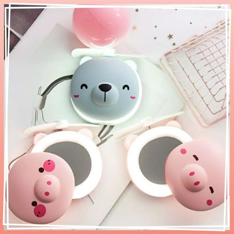 Kipas Angin Portable Portabel Lucu Karakter Binatang Impor Cermin Kaca Lampu LED