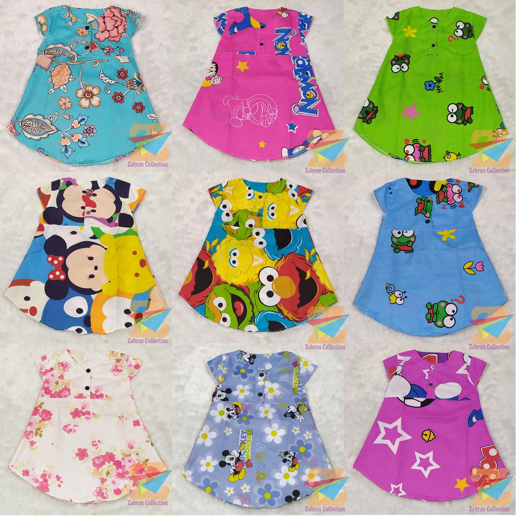 Isi 3 Dress Anak Kancing Depan Zabran 1 Sampai 6 Tahun/COD Bayar Di tempat