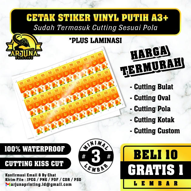 

CETAK STIKER VYNIL PUTIH PLUS LAMINASI A3+ (PRINT + CUTTING) QUANTAC / STIKER LABEL WATER PROOF