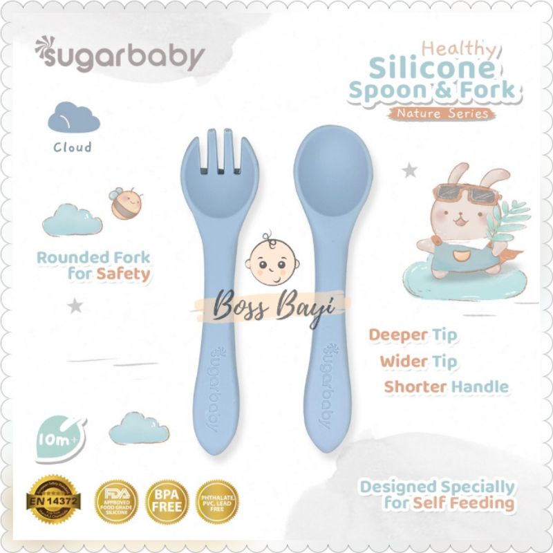 SUGARBABY Healthy Silicon Spoon &amp; Fork Nature Series /Sendok Garpu Silikon Bayi Anak Sugar Baby