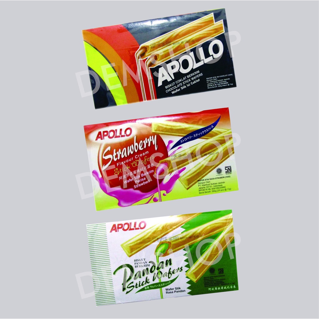 

APOLLO STICK WAFER COKLAT/ CHOCOLATE / STRAWBERRY / PANDAN WAFER STICK ISI 24PCS