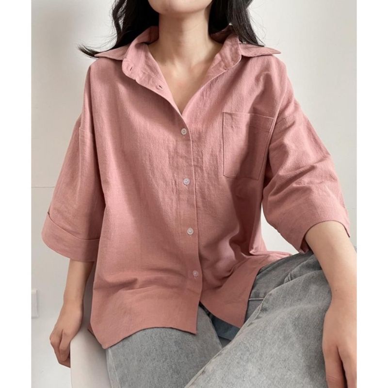 KEMEJA LINEN SINGEL POCKET - OVERSIZED SHIRT LINEN- ATASAN WANITA CASUAL