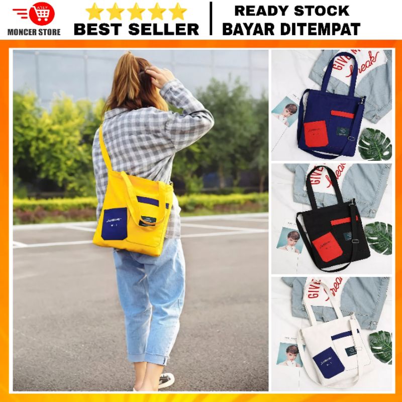 Tas Totebag Tote Bag Wanita Resleting Bahan Kanvas Kain Dua Saku Warna Hitam Korea Style Kekinian Ta