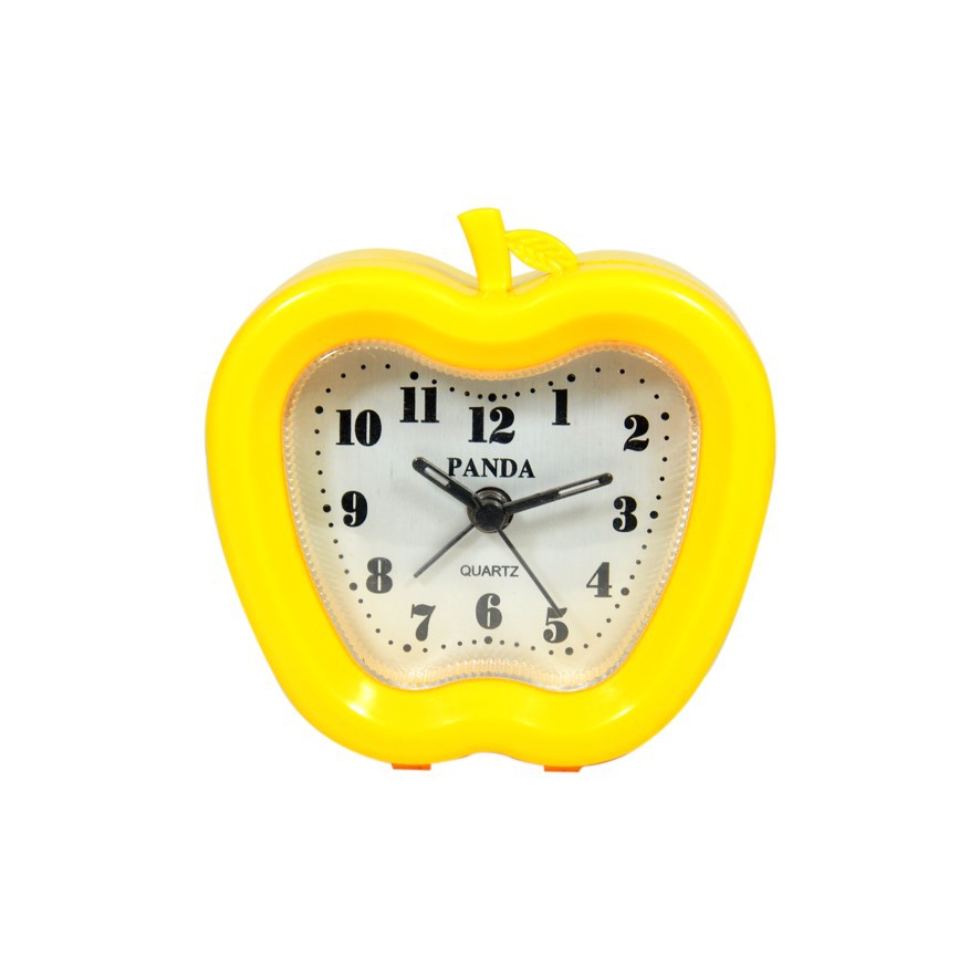 Jam Weker Meja Bentuk Apel Warna Kuning 10 cm Sweep Movement Free Baterai