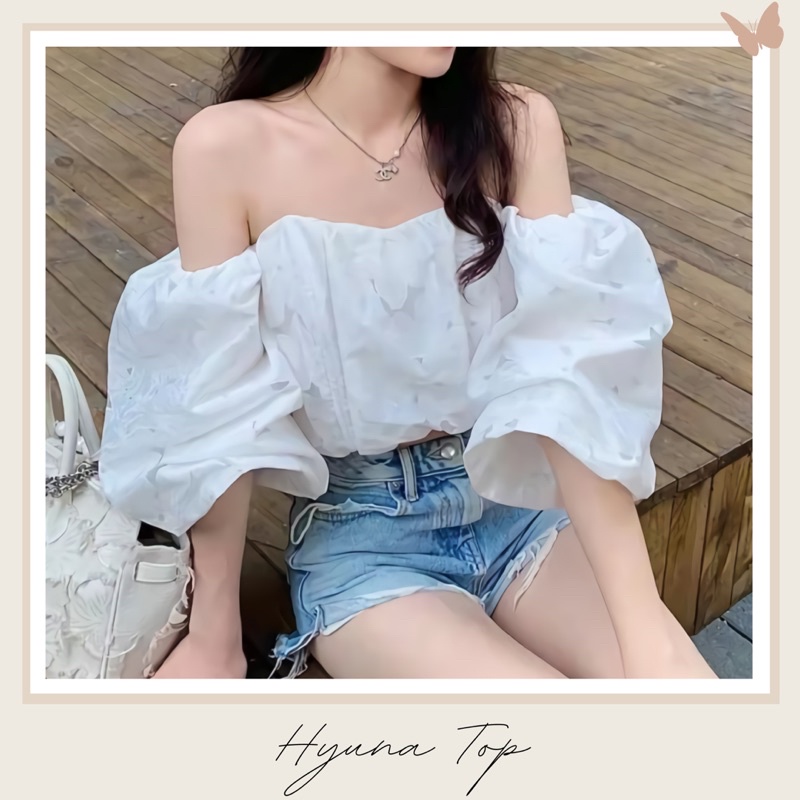 BKY - Korean Off Shoulder Crop Top Lace Puff Sleeves - Hyuna