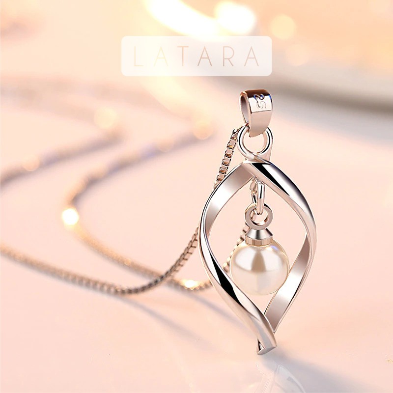 Paket Lengkap Gift Kado - Pearl  Necklace 925 Sterling Silver Kalung Wanita  Permata CZ Zirconia