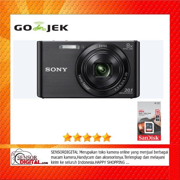 Sony DSC-W830 - 20.1 MP - 8x Optical Zoom - Hitam plus Memory sandisk 16gb