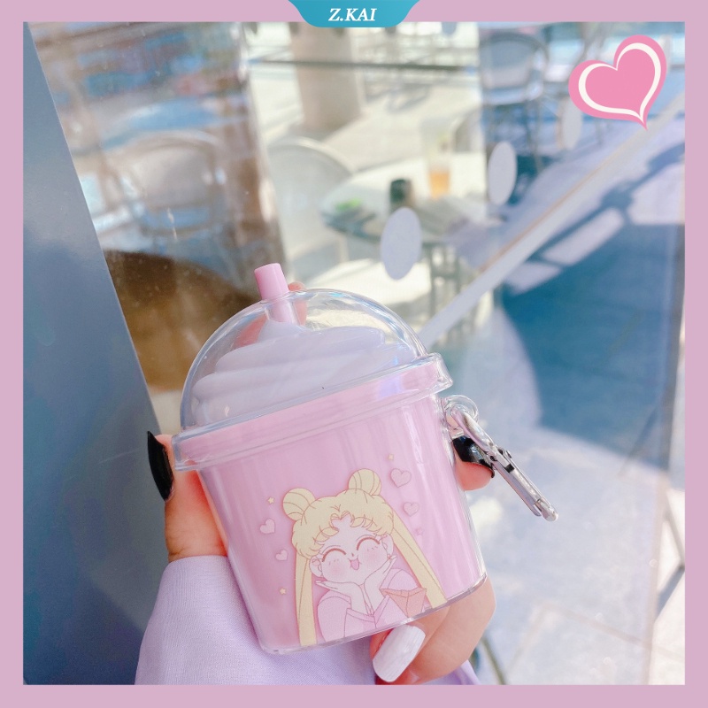 Case earphone wireless bluetooth Bentuk Kartun Sailor Moon Bahan Silikon Dengan Gantungan Kunci Untuk AirPods 1 2