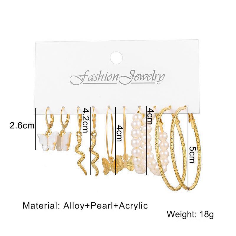 5 Pasang / Set Anting Hoop Desain Butterfly Snake Aksen Mutiara Untuk Aksesoris Wanita