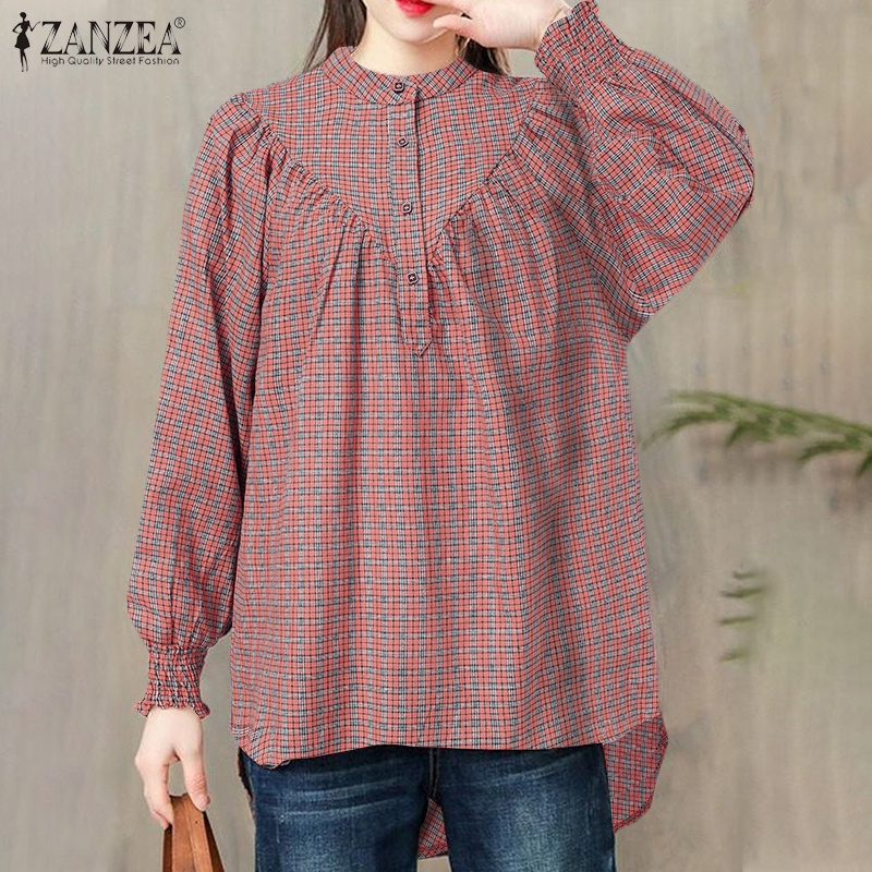 ZANZEA Women Long Sleeve Elastic Cuffs Fashion Grid Printed Casual Blouse