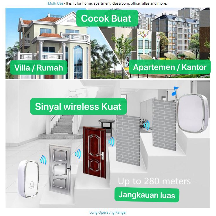 BEL-002 2 Remote 2 Receiver Bel Wireless Pintu Rumah Waterproof Door Bell House LED