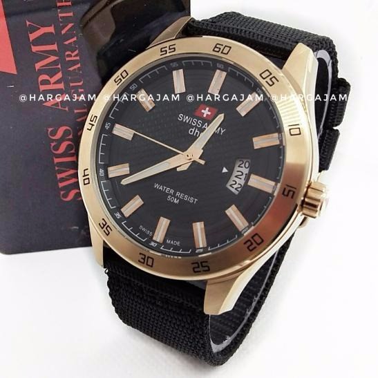 Jam Pria Original Swiss Army Advanture 1629 Leather Black Kanvas (hargajam Hitam Gold Rose) HJ