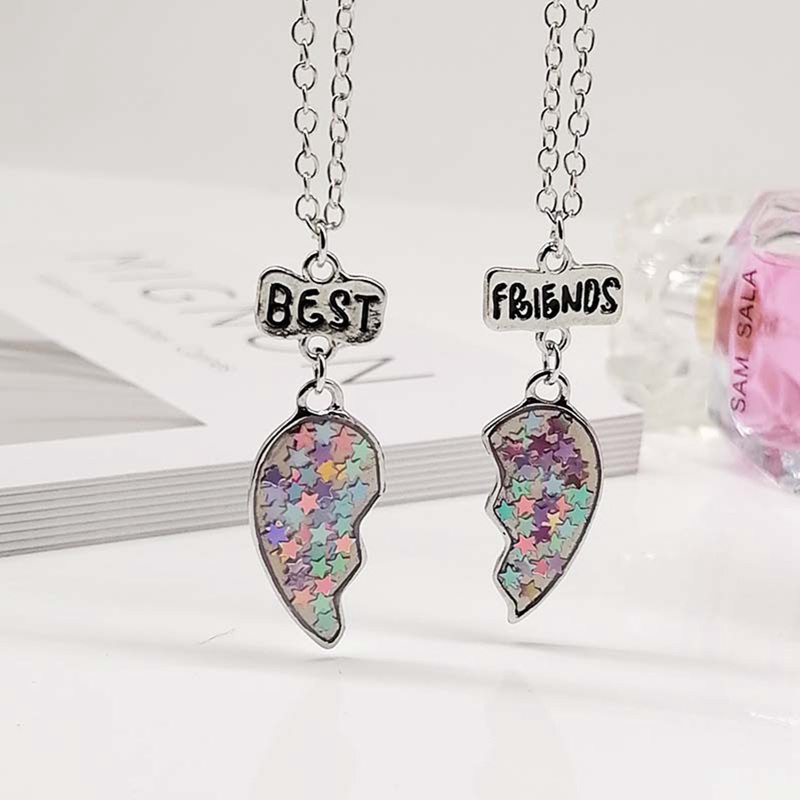 Unisex 2 Pcs BFF Necklace Womens Heart Pendant Best Friend Letter Necklace Fashion Couple Chain Necklace Men Friendship Jewelry