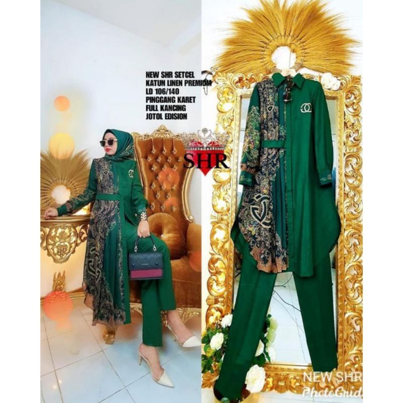 Setcel Katun Linen Premium Mix Layer Printing ORI SHR - Oneset - Tunik Set Celana - Stelan Batik SHR