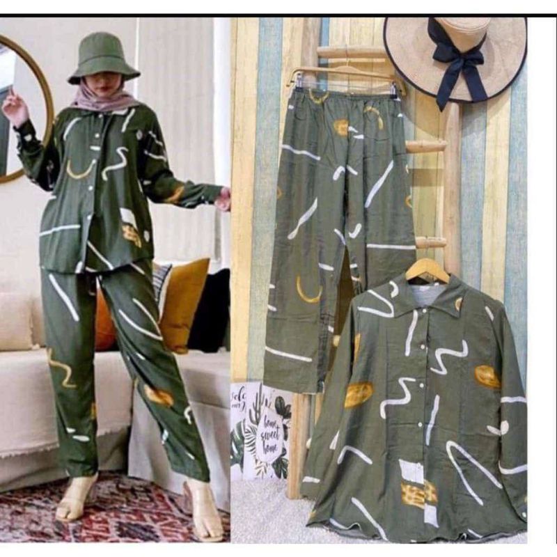 ONE SET PANJAMAS BUSUI || LD 105 -108 || STELAN WANITA || ONE SET RAYON MOTIF KEKINIAN-FEMA SET