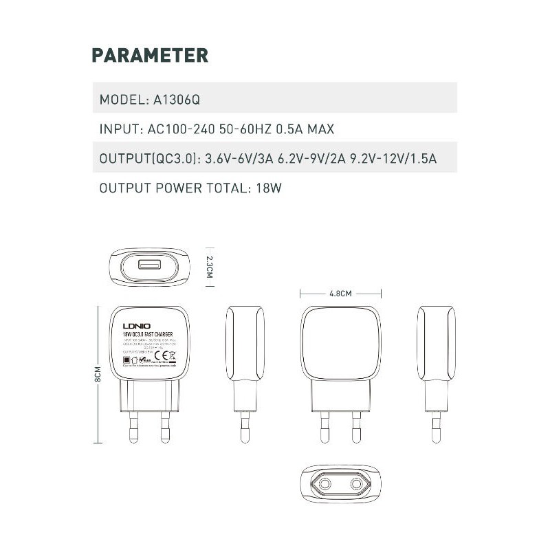 LDNIO A1306Q - Fast Wall Charger Single USB Port QC 3.0 (18W MAX) - Charger USB Quick Charging QC3.0