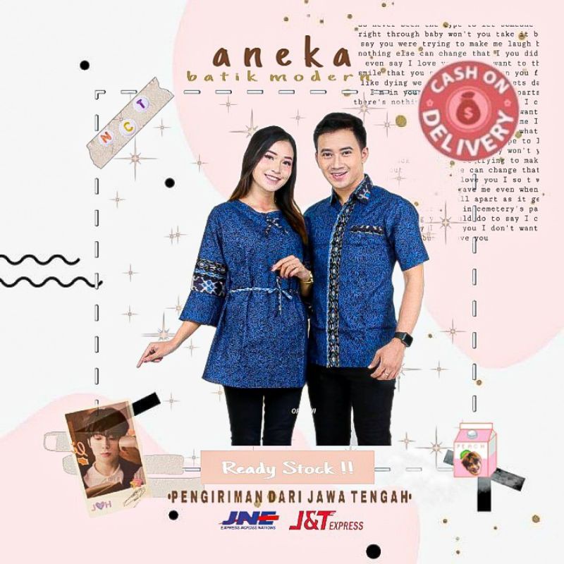 BAJU BATIK COUPLE MOTIF MEGA MENDUNG WARNA BIRU ELEKTRIK DONGKER POLOS SERAGAM BATIK KERJA KANTOR