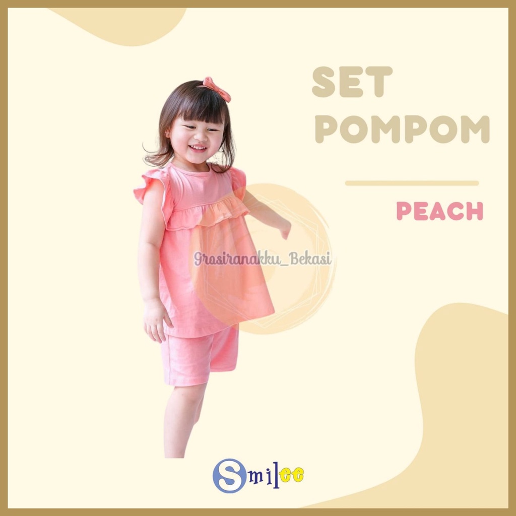 Setelan Anak Kaos Smilee Pompom Warna Peach size 1-5Tahun