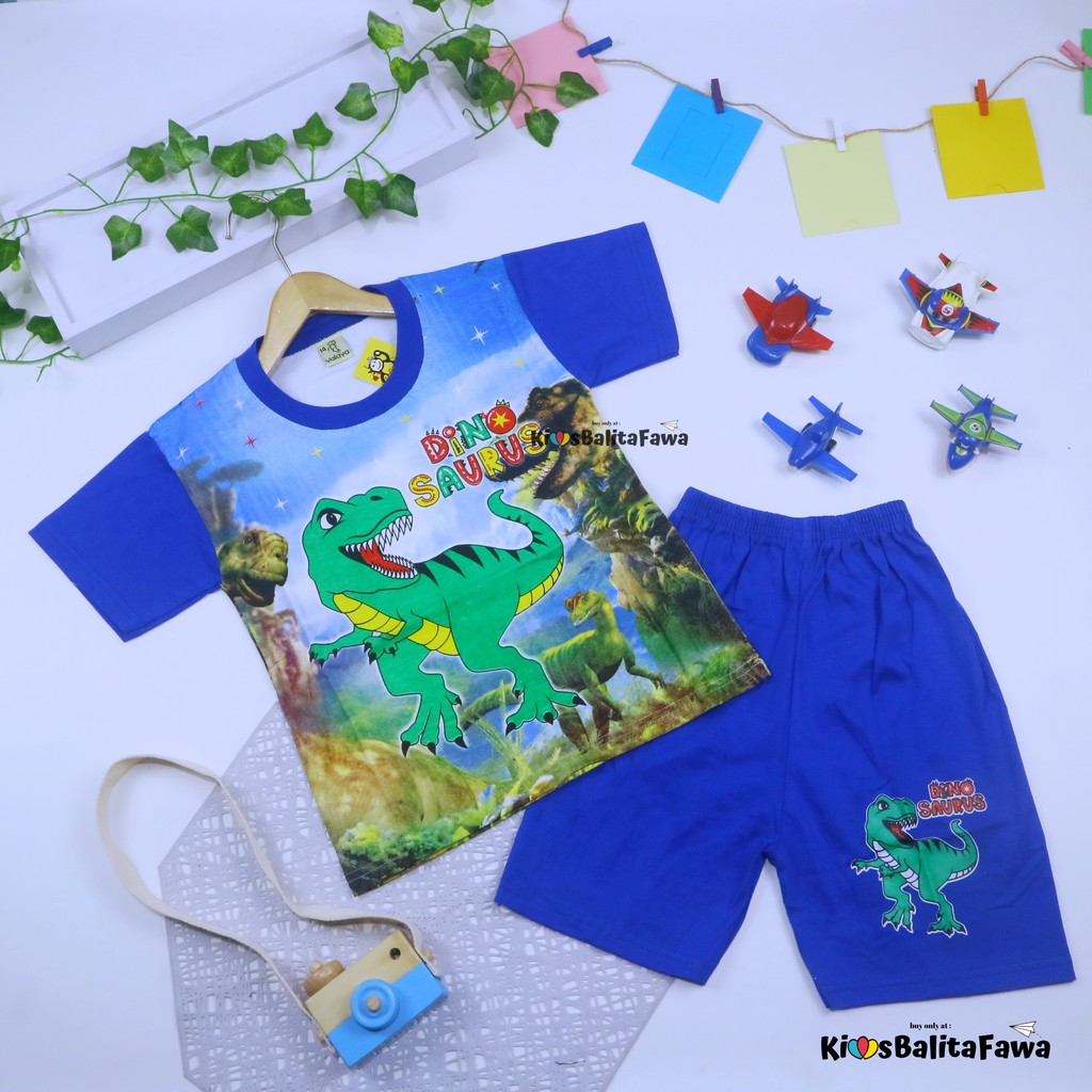 Setelan Dino Uk 7-8 Tahun / Set Main Cowok Polos Pendek Import Baju Harian Anak Laki Grosir Murah