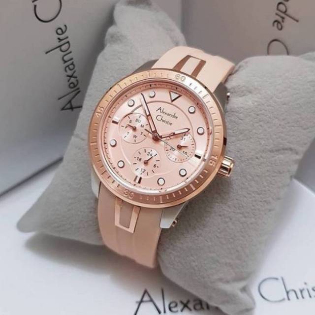 JAM TANGAN WANITA ALEXANDRE CHRISTIE CEWEK SILVER ROSE GOLD PEACH RUBBER ORI AC 2772 PINK ROSEGOLD