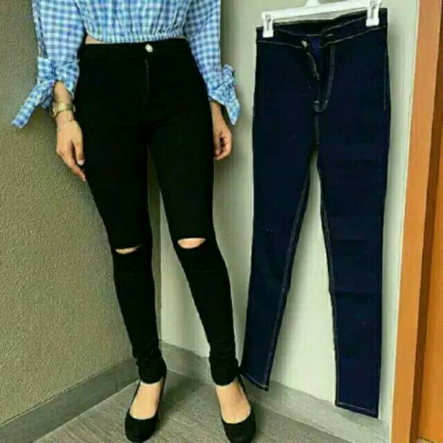 Celana Highwaist ripped jeans hitam wanita celana panjang skinny hw