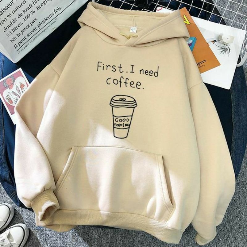 SWEATER HOODIE FIRST I NEED COFFE BAHAN FLEECE SIZE M - XXL ( PRIA &amp; WANITA )