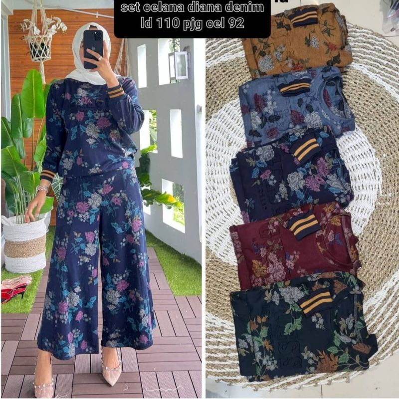 Set celana Diana denim | one set kulot flowers