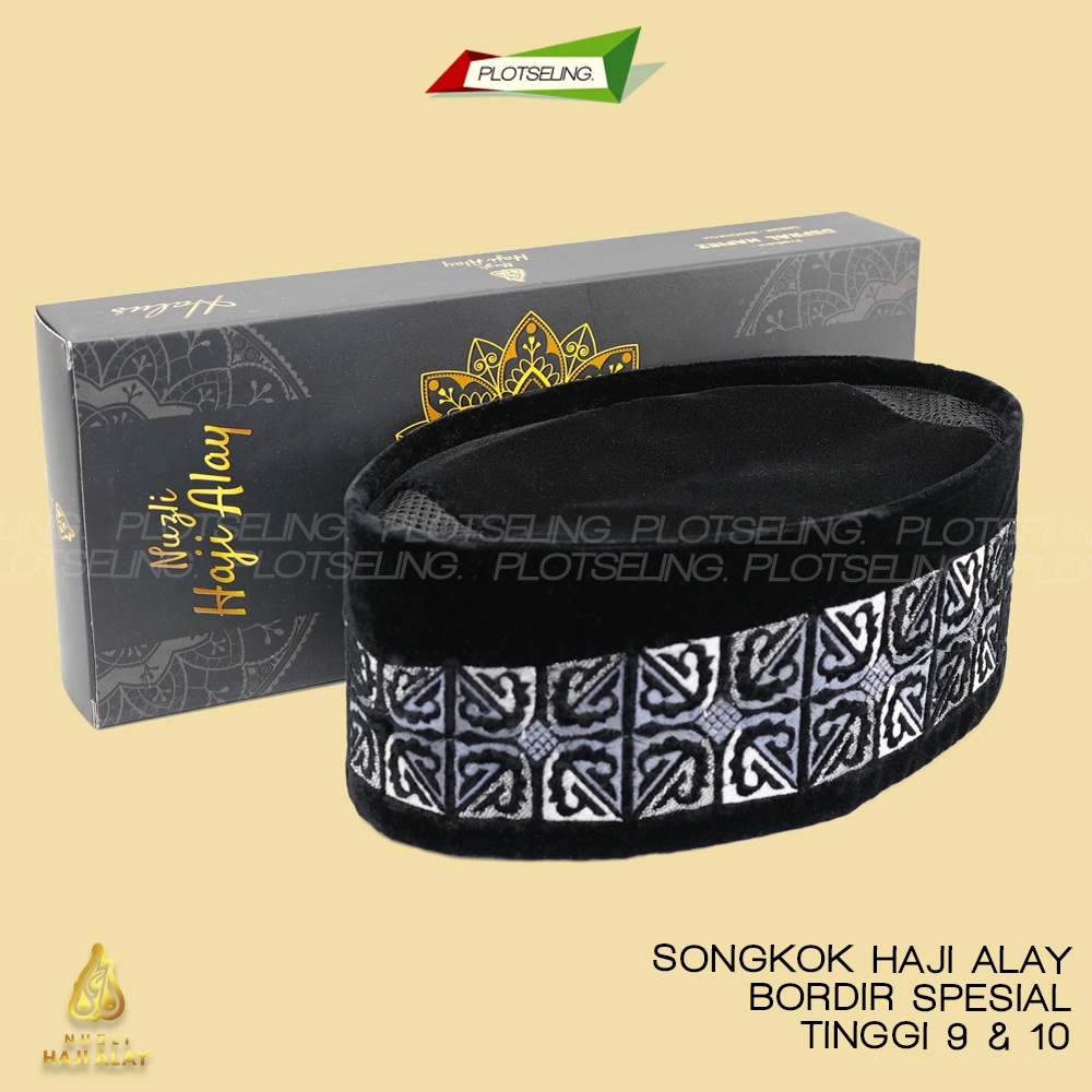 Songkok Premium HAJI ALAY BORDIR SPESIAL AC Tinggi 9 Peci Sholat Pria Dewasa Hitam Full Motif Batik NU Kopiah Shalat Anak Santri Laki Kopyah Solat Pesantren Nasional Beludru Ukuran Jumbo Kopeah Bulat Bludru Putih Pendek Karakter Nama Ori Original