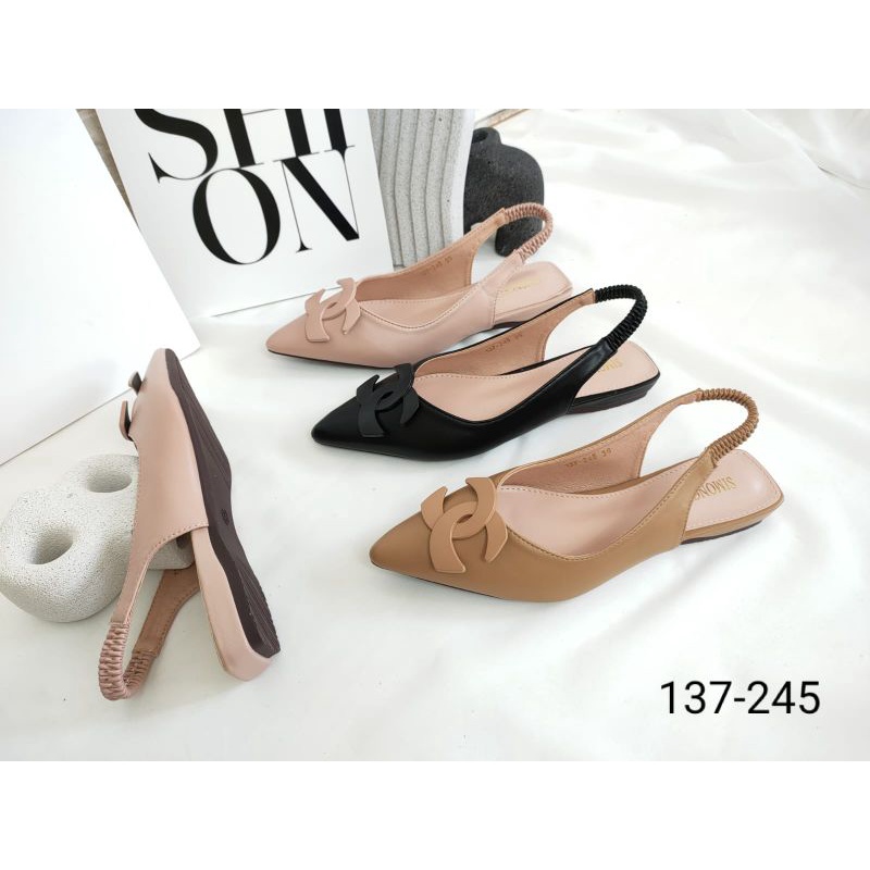 Simoncelli Sepatu Flat Tali Belakang Wanita Mutiara Import Polos Hitam Black Pink Tan Remaja Cewek A