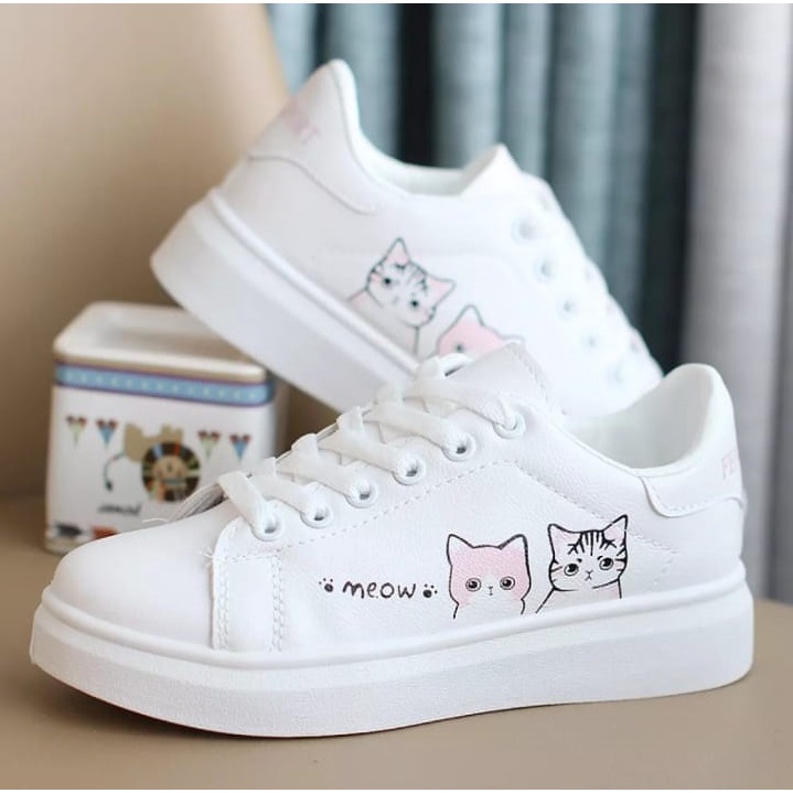 Sepatu Anak & Dewasa Sneakers Motif MEOW Putih Pink Murah Lucu