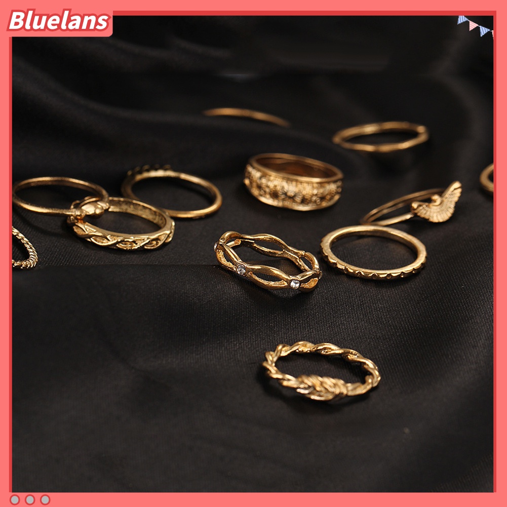 Bluelans 12Pcs Lady Retro Twisted Carved Knuckle Finger Rings Rhinestone Ring Set Jewelry