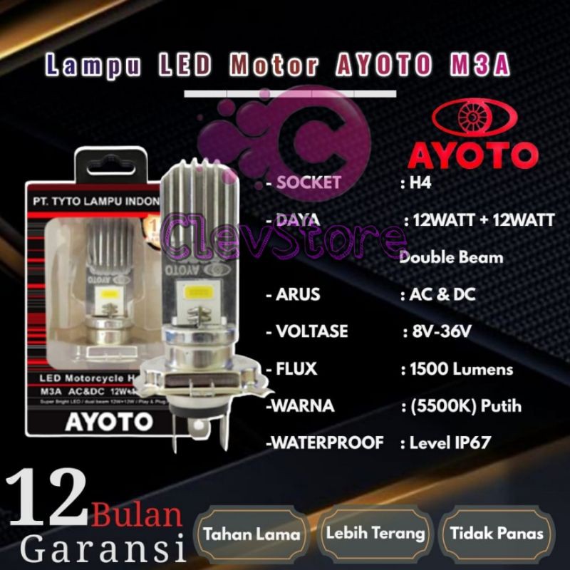 LAMPU LED motor AYOTO M3A headlamp H4 AC &amp; DC untuk Moge HI/LO