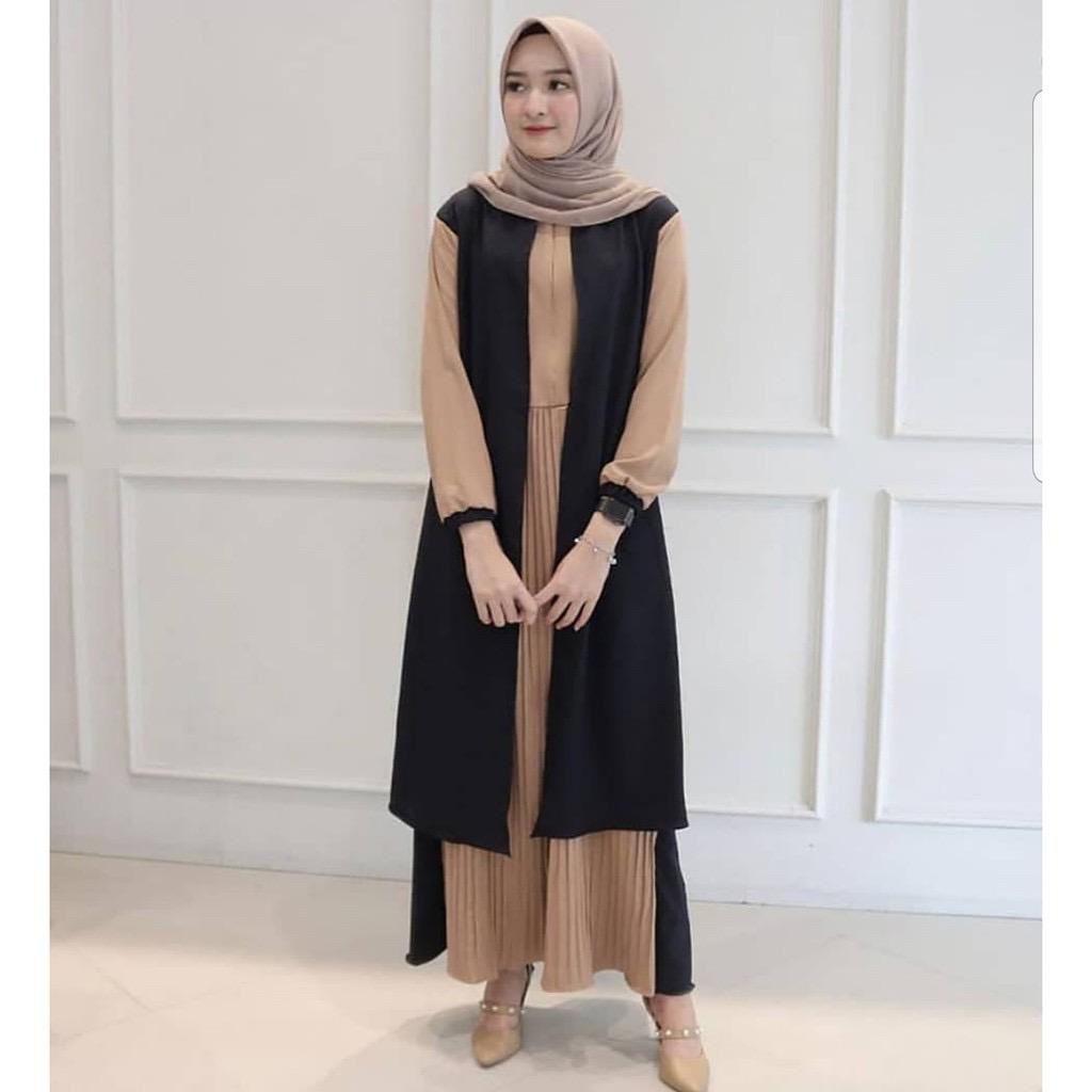 Dress Plisket Model Outer Two Tone bahan Moscrepe / Gamis Maxi Dress Wanita Motif 2 Warna