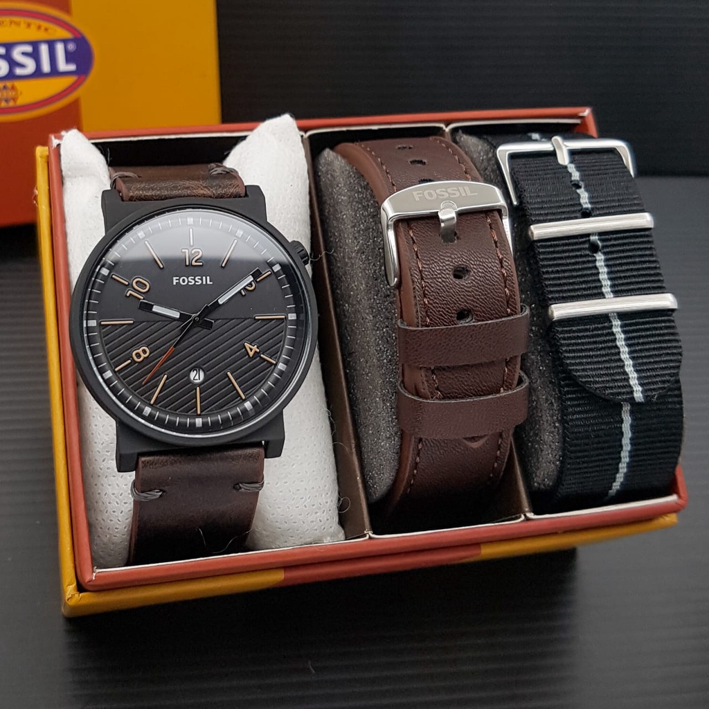 JAM TANGAN PRIA FS 9824 KULIT TANGGAL AKTIF FREE  TALI KANVAS + TALI KULIT DIAMETER 4,3CM FREE BOX