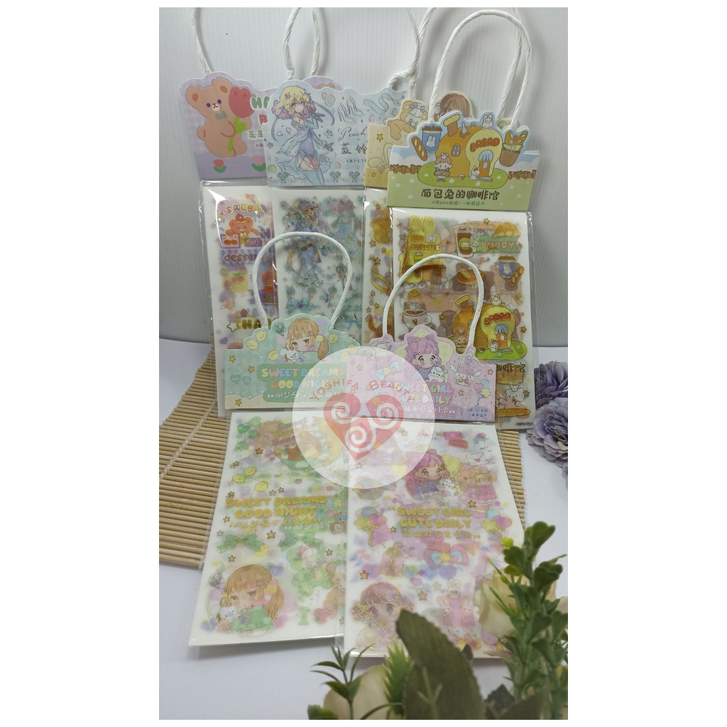 Sticker Tote Bag Lucu  Big 3 Sticker + Free 1 Kartu Pos | DIY Bahan PET Untuk Deco Scrapbook Diary Sticker Glitter Emas Lucu