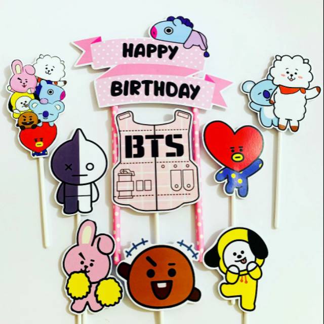 BT21 versi kartun BTS Kpop Ribbon Pink Topper Cake / Hiasan Kue Ulang Tahun