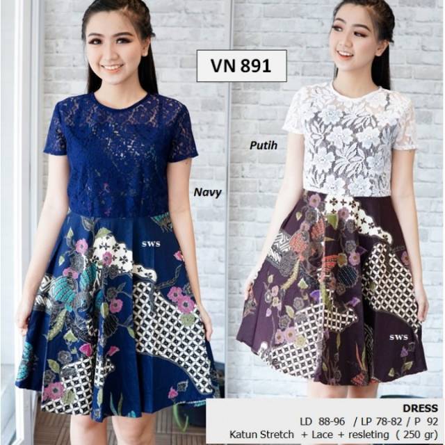 Dress kantor/pesta batik VN 891 Standar dan VN 892 Plus bahan katun stretch kombinasi brukat