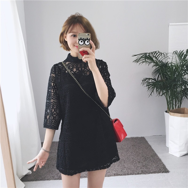 2Pcs Set Dress Lace Mini Korea High Neck Lengan Panjang Motif Bunga Warna Hitam/Putih untuk Wanita